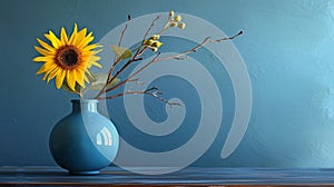 Curly willow branch with sunflower in blue vase. Decorative floral ornament with natural vegetation. AI Generative