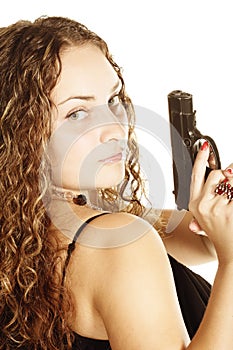 Curly woman with gun