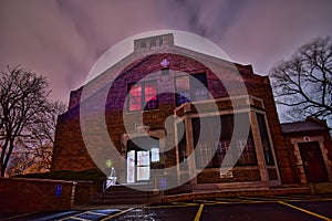Curran historic school building paranormal tour night view