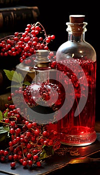 Currant wine, fruit liqueur or tincture. Still life with vintage bottles