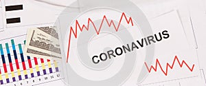 Currencies dollar with downward graphs representing financial crisis caused by coronavirus. Covid-19