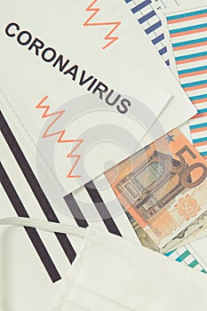 Currencies euro with downward graphs representing financial crisis caused by coronavirus. Covid-19