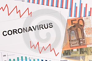 Currencies euro with downward graphs representing financial crisis caused by coronavirus. Covid-19
