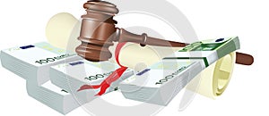 Currency bribes contracted parchments and rolling pin by judge photo