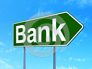 Currency concept: Bank on road sign background