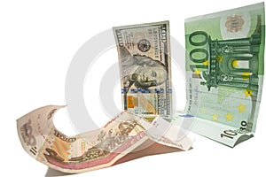 Currency dollar and euro looking at fallen russian ruble