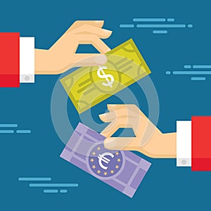 Currency Exchange Concept Illustration in Flat Style Design. Human hands and banknotes