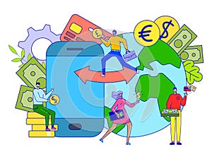 Currency exchange concept, money transaction online, tiny people cartoon characters, vector illustration