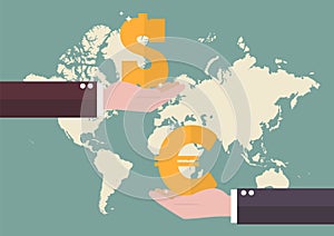 Currency exchange Euro and Dollar with world map background