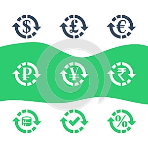 Currency exchange, financial services, pound and euro, dollar sign in circle arrow
