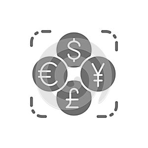 Currency exchange, foreign money, coin of dollar, euro, yen, pound grey icon.