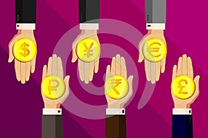 Currency exchange. Hands in business suits transfer money, gold coins for exchange. Vector