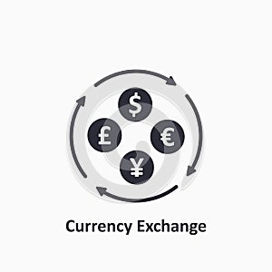 Currency exchange icon. Dollar, Euro, Yuan and GBP icon. Foreign exchange concept. The circulation of money in the world. Vector photo