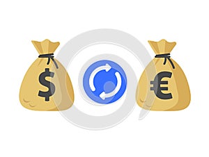 Currency exchange icon or money cash change from dollar to euro banking concept vector flat cartoon illustration isolated