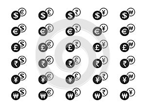 Currency exchange icon set. dollar, euro, british pound, japanese yen, indian rupee and korean won money symbols