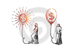 Currency exchange, investments, capital accumulation, Muslim concept. Hand drawn isolated vector.