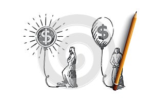 Currency exchange, investments, capital accumulation, Muslim concept. Hand drawn isolated vector.