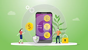 Currency exchange money concept with mobile smartphone apps with options business technology investment - vector