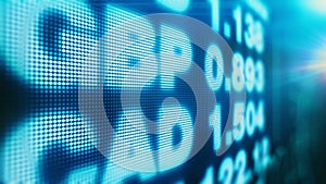 Currency exchange number board in Europe, USD GBP and other money rates