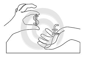 Currency exchange,one line art,hands with currency continuous contour drawing,hand-drawn international financial valuta business