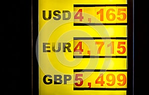 Currency exchange place, bureau de change different three top currency rates, USD, EUR, GBP prices board closeup