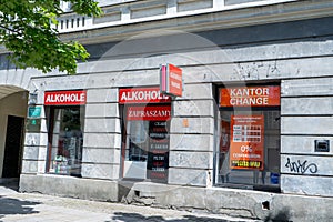 Currency exchange in the Polish exchange office. Signboard on the street, banner. The exchange rate of foreign