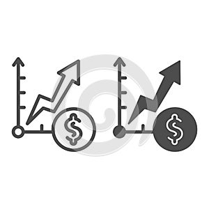 Currency exchange rate increase line and solid icon. Dollar rate growth graph symbol, outline style pictogram on white