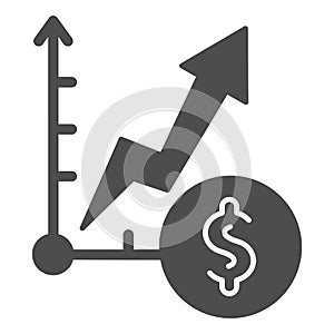 Currency exchange rate increase solid icon. Dollar rate growth graph symbol, glyph style pictogram on white background