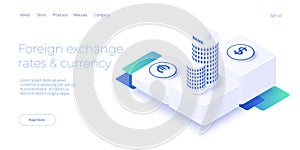 Currency exchange rates via offline bank. Online mobile banking application in isometric vector design. Money changing procedure