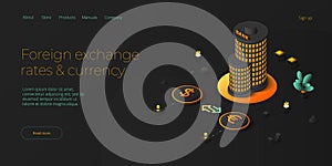 Currency exchange rates via offline bank. Online mobile banking application in isometric vector design. Money changing procedure