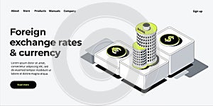 Currency exchange rates via offline bank. Online mobile banking application in isometric vector design. Money changing procedure