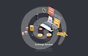 Currency Exchange Service Concept Characters Buy And Sell Currency With Mobile APP And P2P Service. World Currency