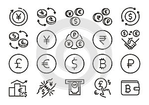 Currency icon set. Vector thin line signs and symbols for different world money currencies, exchanges, trading etc. Dollar, euro,