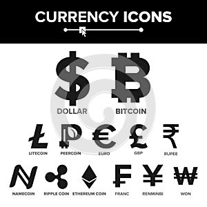 Currency Icon Sign Set Vector. Money. Famous World Currency Cryptography. Finance Illustration. Bitcoin, Litecoin