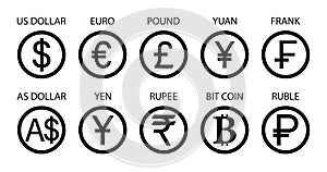 Currency icon. Symbol of dollar, euro, pound, yen, yuan and ruble. Sign of exchange international currencies. Gbp, rupee,