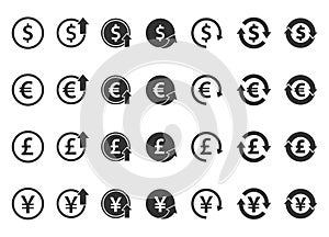 Currency icons set - dollar, euro, pound and yen, currency exchange signs