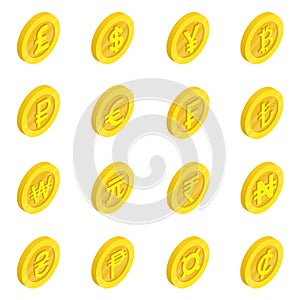 Currency icons set, isometric 3d style