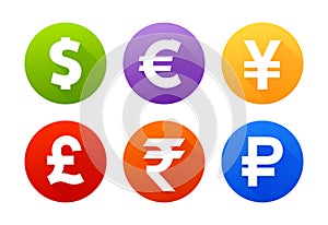 Currency icons with shadow dollar euro pound yen yuan rupee ruble photo