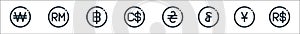 Currency line icons. linear set. quality vector line set such as brazilian real, japanese yen, riel, hryvnia, dollar, thai baht,