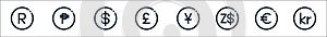 Currency line icons. linear set. quality vector line set such as danish krone, euro, dollar, japanese yen, pound, dollar, cuba