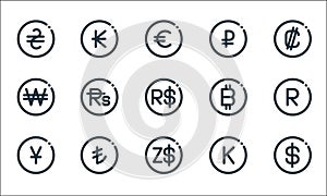Currency line icons. linear set. quality vector line set such as dollar, dollar, japanese yen, laos, turkish lira, won, bitcoin,