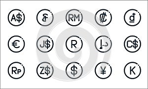 Currency line icons. linear set. quality vector line set such as laos, dollar, indonesian rupiah, chinese yuan, dollar, euro,