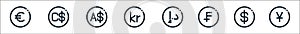 Currency line icons. linear set. quality vector line set such as japanese yen, dollar, swiss franc, united arab emirates, danish