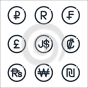 Currency line icons. linear set. quality vector line set such as shekel, won, rupee, colon, dollar, pound, swiss franc, south