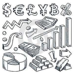 Currency, money, financial graph and diagram business icons. Investment and finance vector sketch illustration