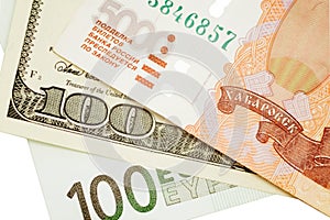 Currency paper, banking and finance, saving money. Dollars, euros and rubles. Falling and rising exchange rate