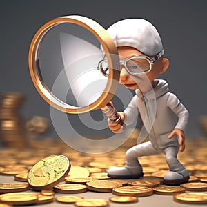 Currency quest: magnifying glass, exploring coins and dollars, symbolizing concept of meticulous financial search and