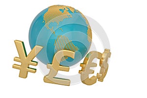 Currency symbol with globe isolated on white background. 3D illustration