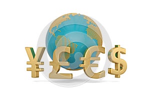 Currency symbol with globe isolated on white background. 3D illustration