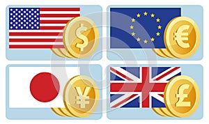Currency symbols: dollar, euro, yen, pound sterling. Flags of th